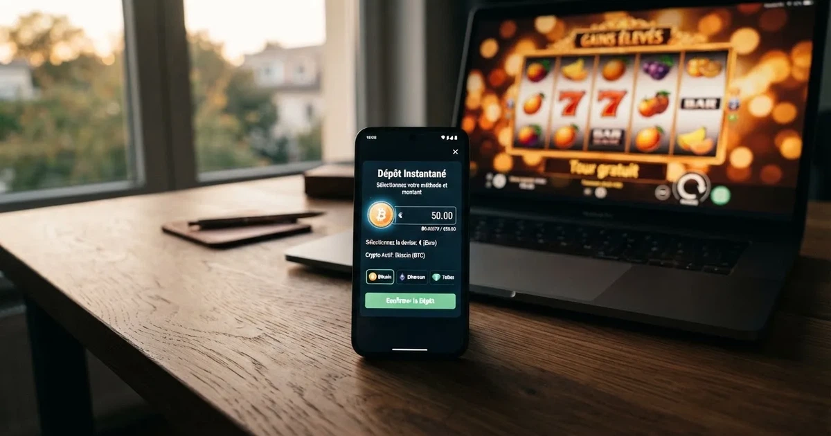 Écran de casino en ligne crypto affichant un dépôt en bitcoin sans introduire de coordonnées bancaires