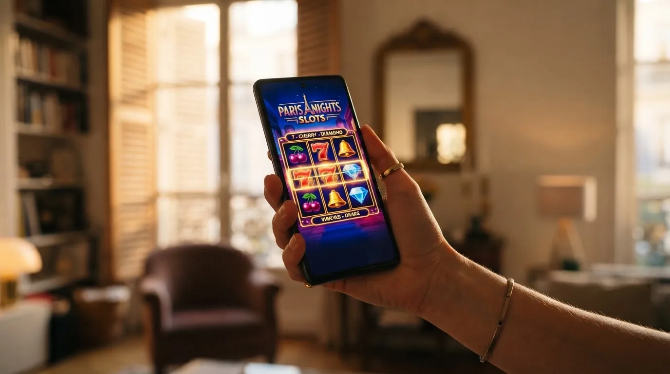 Grille d'une machine à sous éligible aux tours gratuits affichée sur l'écran d'un smartphone