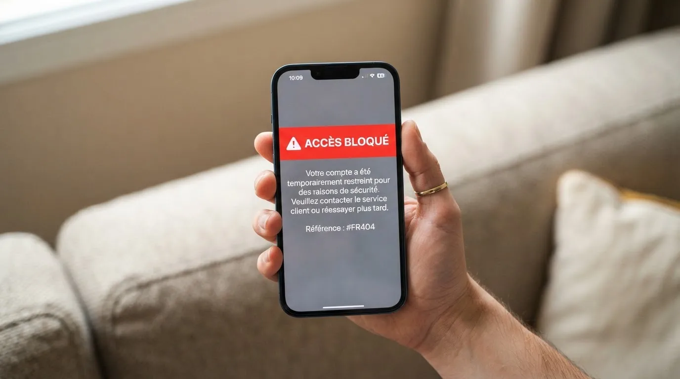 Main tenant un smartphone affichant un message d'avertissement d'accès bloqué