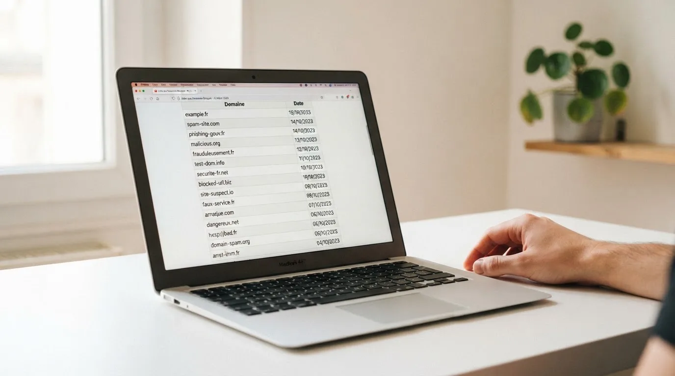 A browser window displaying a long CSV-style list of blocked website domains with decision dates in a column, no brand logos