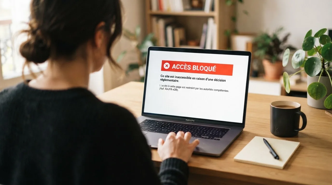Page d'un navigateur affichant un message d'accès bloqué à un site de jeu, symbolisant le blocage administratif