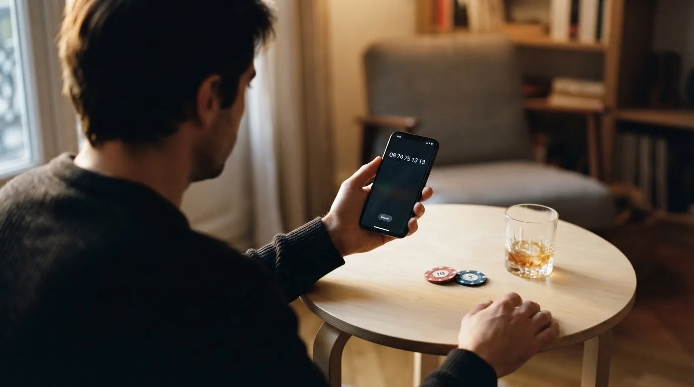Une personne compose sur son smartphone le numéro d'un service d'aide et d'écoute pour joueurs en difficulté.