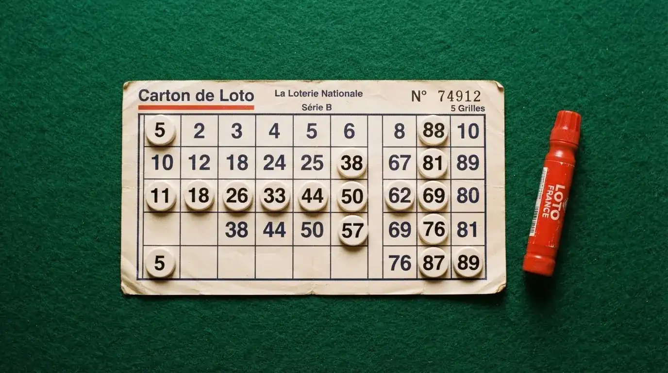 Grille de bingo avec un carton 3 lignes sur 9 colonnes et des jetons numérotés posés dessus