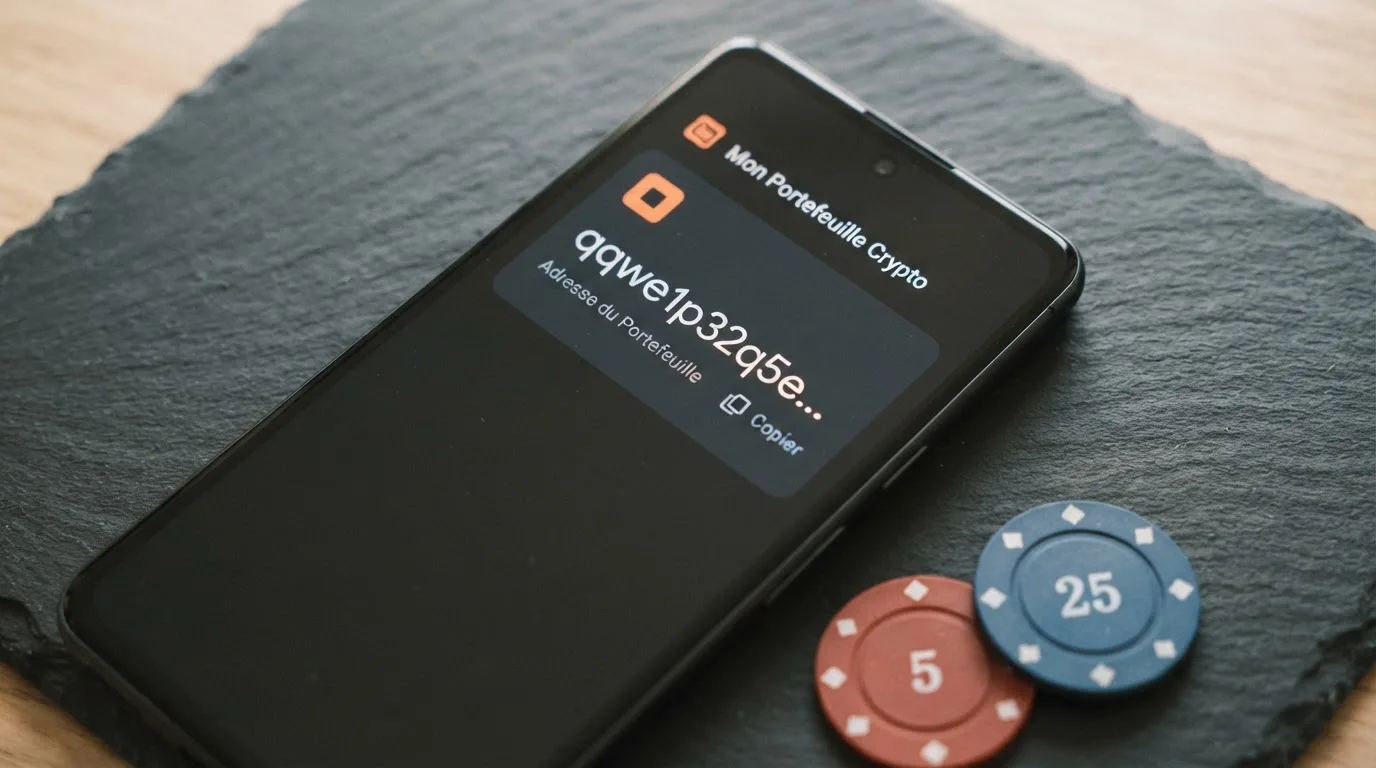 Gros plan sur une application de portefeuille crypto affichant une adresse Bitcoin Cash au format CashAddr commençant par la lettre q, sur fond de pièces BCH.