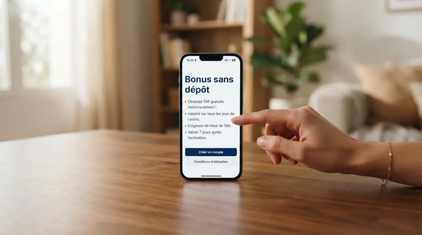 capture d'écran d'une page de bonus de bienvenue affichant les conditions d'une offre sans dépôt