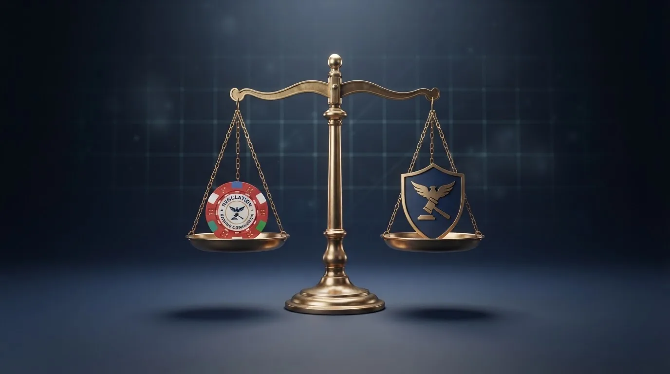 Logo stylisé de l'Autorité nationale des jeux à côté d'un symbole de balance de la justice