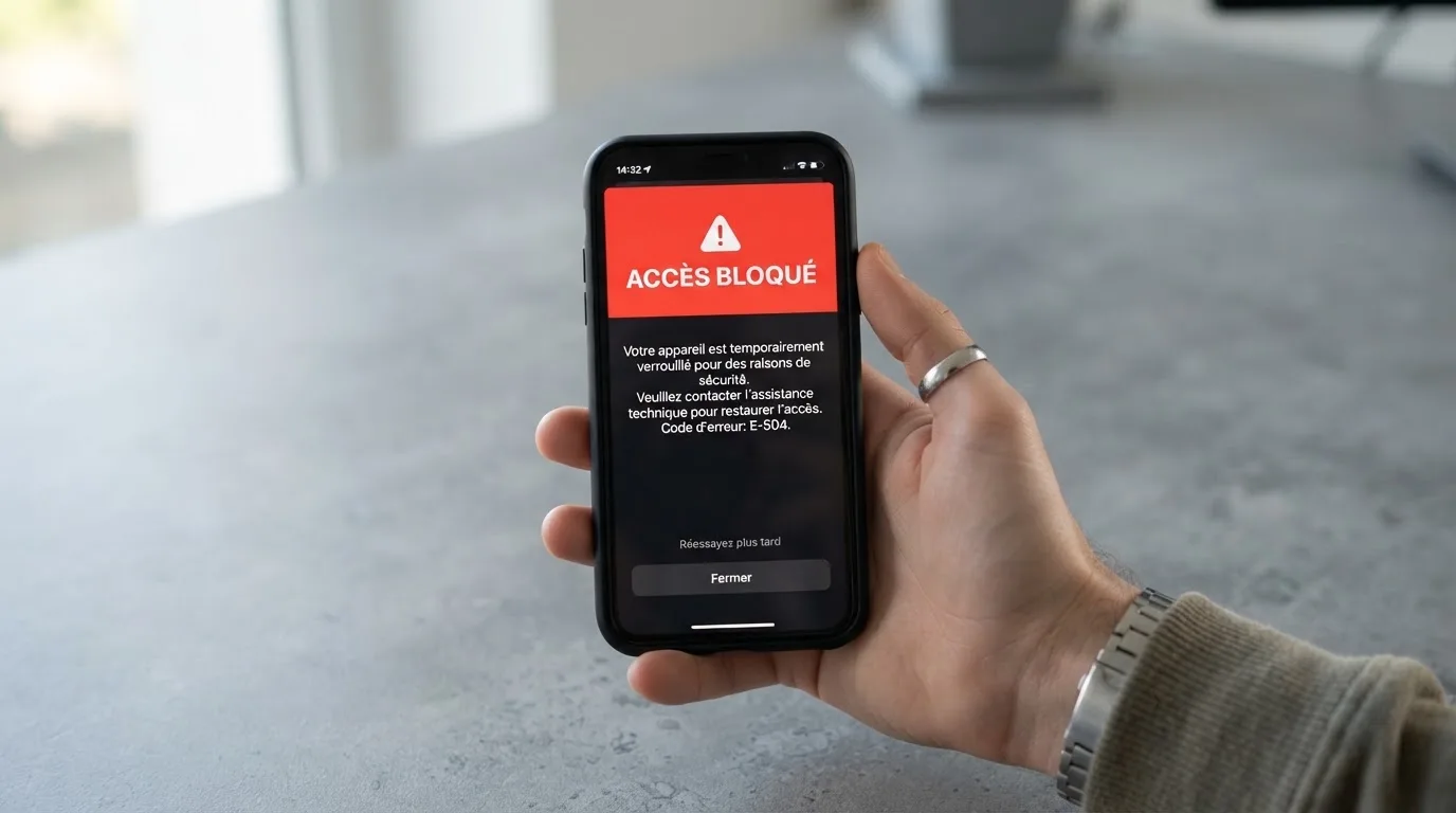 Écran de smartphone affichant un avertissement officiel sur les jeux d'argent illégaux en ligne en France