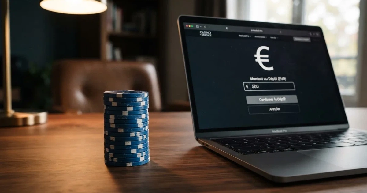 close crop of a euro-coin stack of ten one-euro coins next to a laptop showing an online casino cashier deposit screen