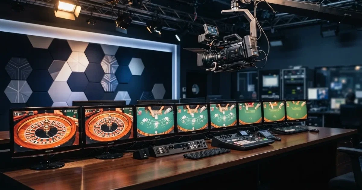 a games-technology supplier's logo wall shown behind a row of casino monitors in a broadcast studio, no brand names visible
