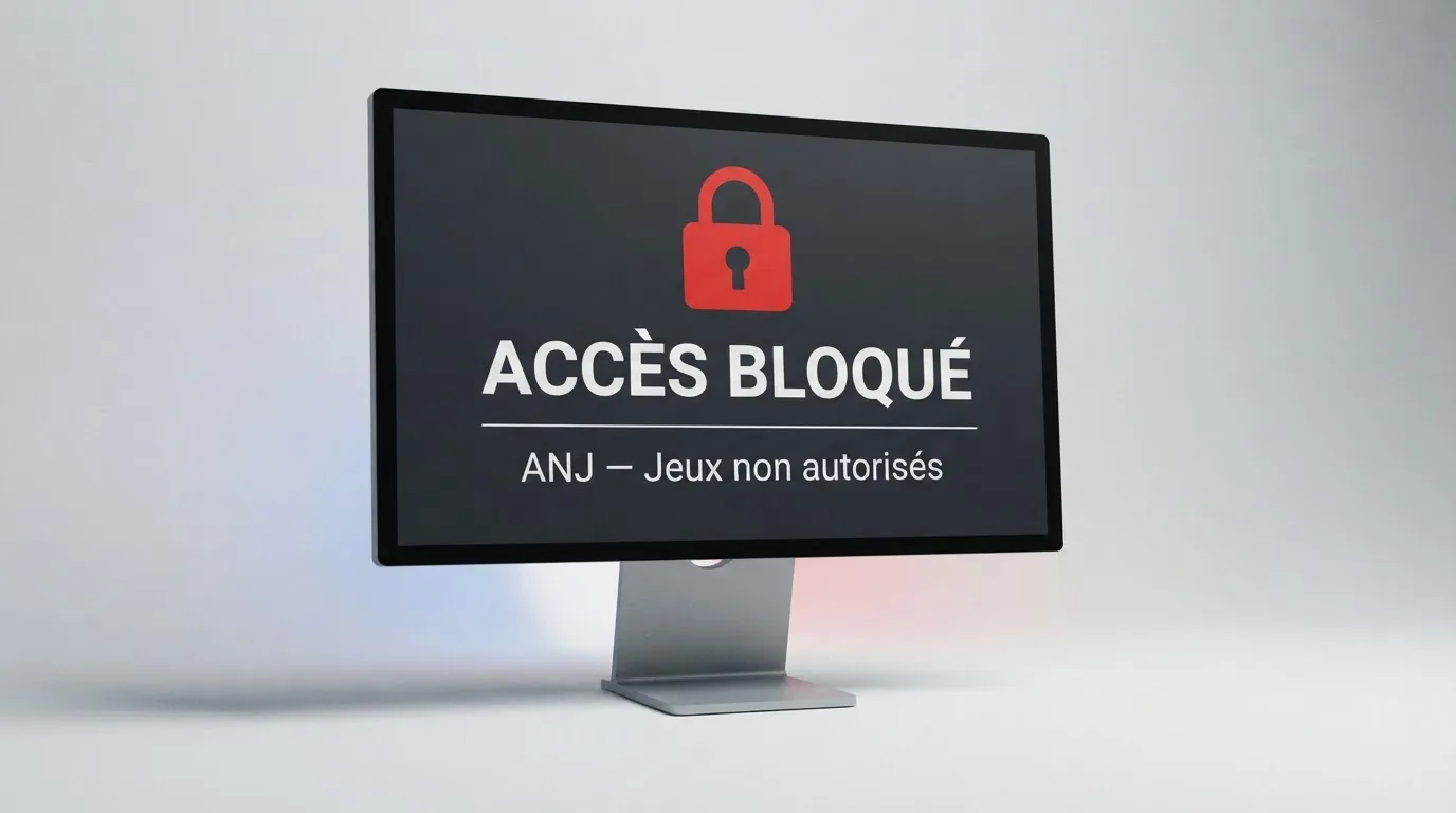 Un écran d'ordinateur affiche un message d'accès bloqué à un site de jeux d'argent non autorisé, sur fond de drapeau français stylisé.