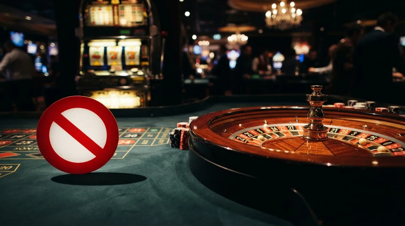 pictogramme d'interdiction superposé à une roulette et des machines à sous, illustrant l'interdiction du casino en ligne en France