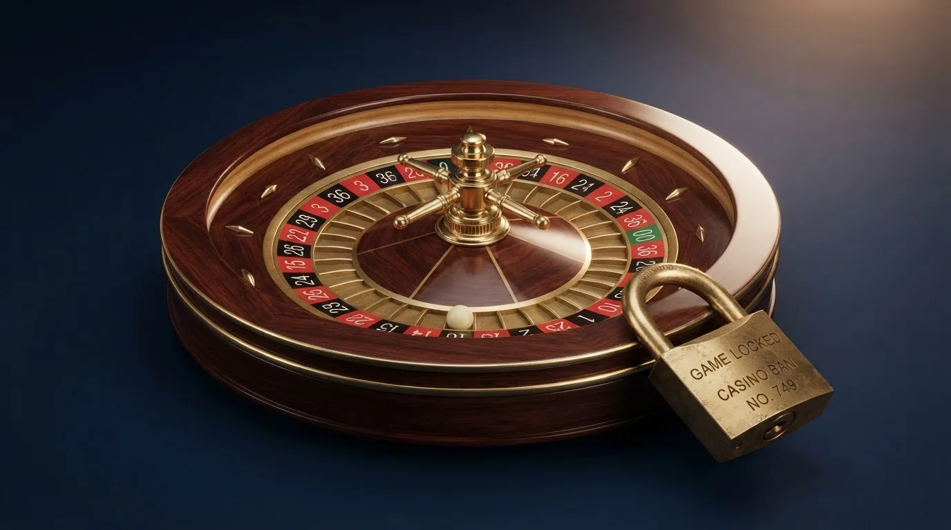 Le logo de l'Autorité nationale des jeux (ANJ) associé à un symbole d'interdiction sur fond de roulette de casino.