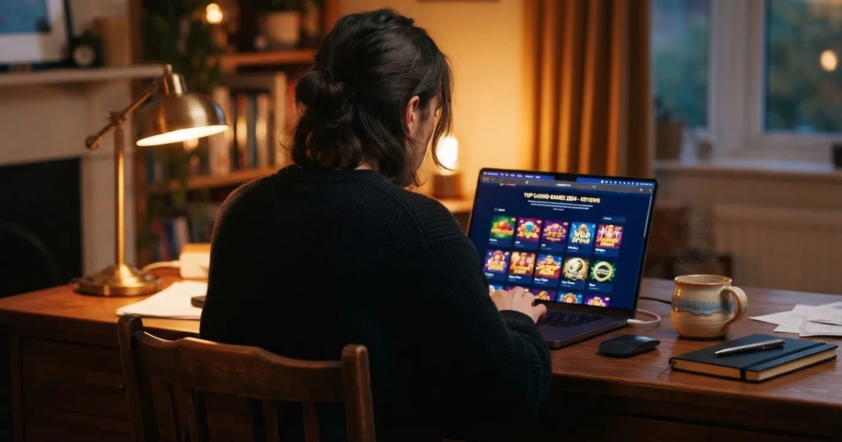 A person browsing several online casino review pages on a laptop at a home desk