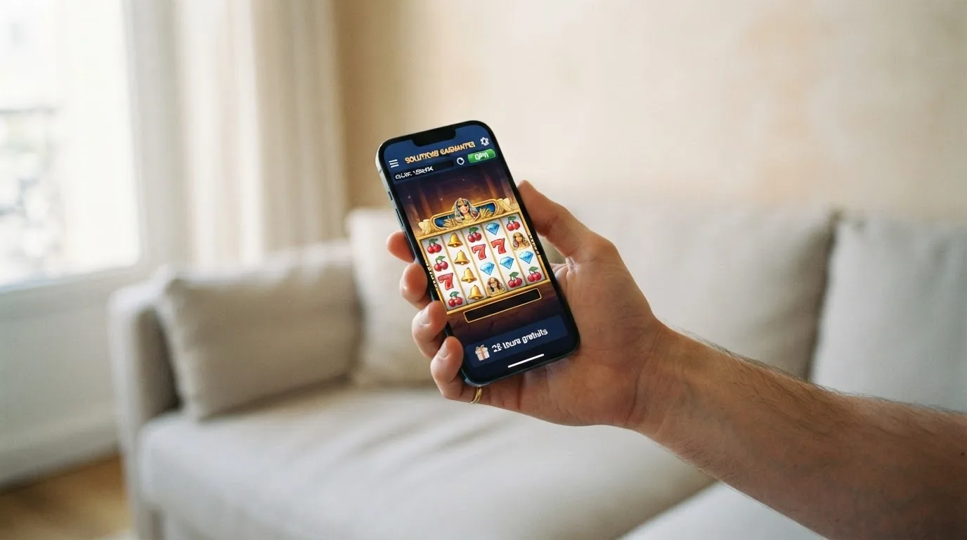 Écran de smartphone affichant l'interface mobile d'un casino en ligne avec une notification de tours gratuits