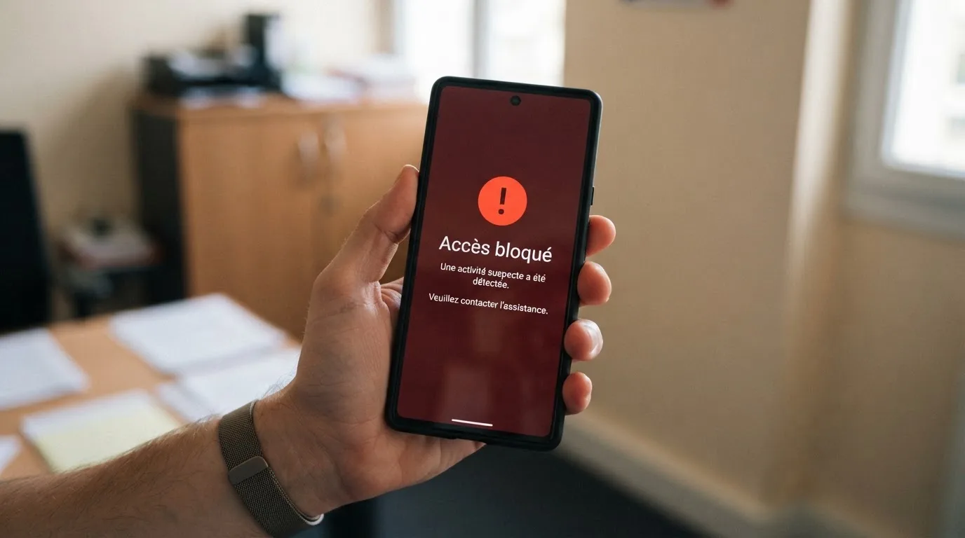 Main tenant un smartphone affichant un écran de blocage de site avec un message d'avertissement rouge, dans un décor évoquant un bureau administratif français.