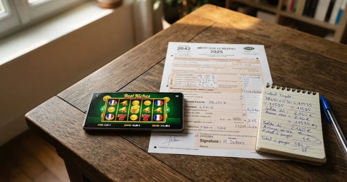 Une calculatrice et une déclaration de revenus française posées à côté d'un écran affichant un jeu de casino en ligne