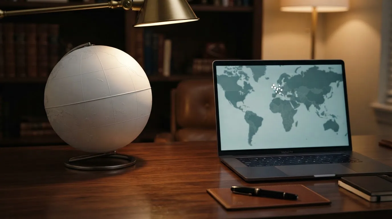 Un globe terrestre posé à côté d'un ordinateur portable affichant une carte du monde.