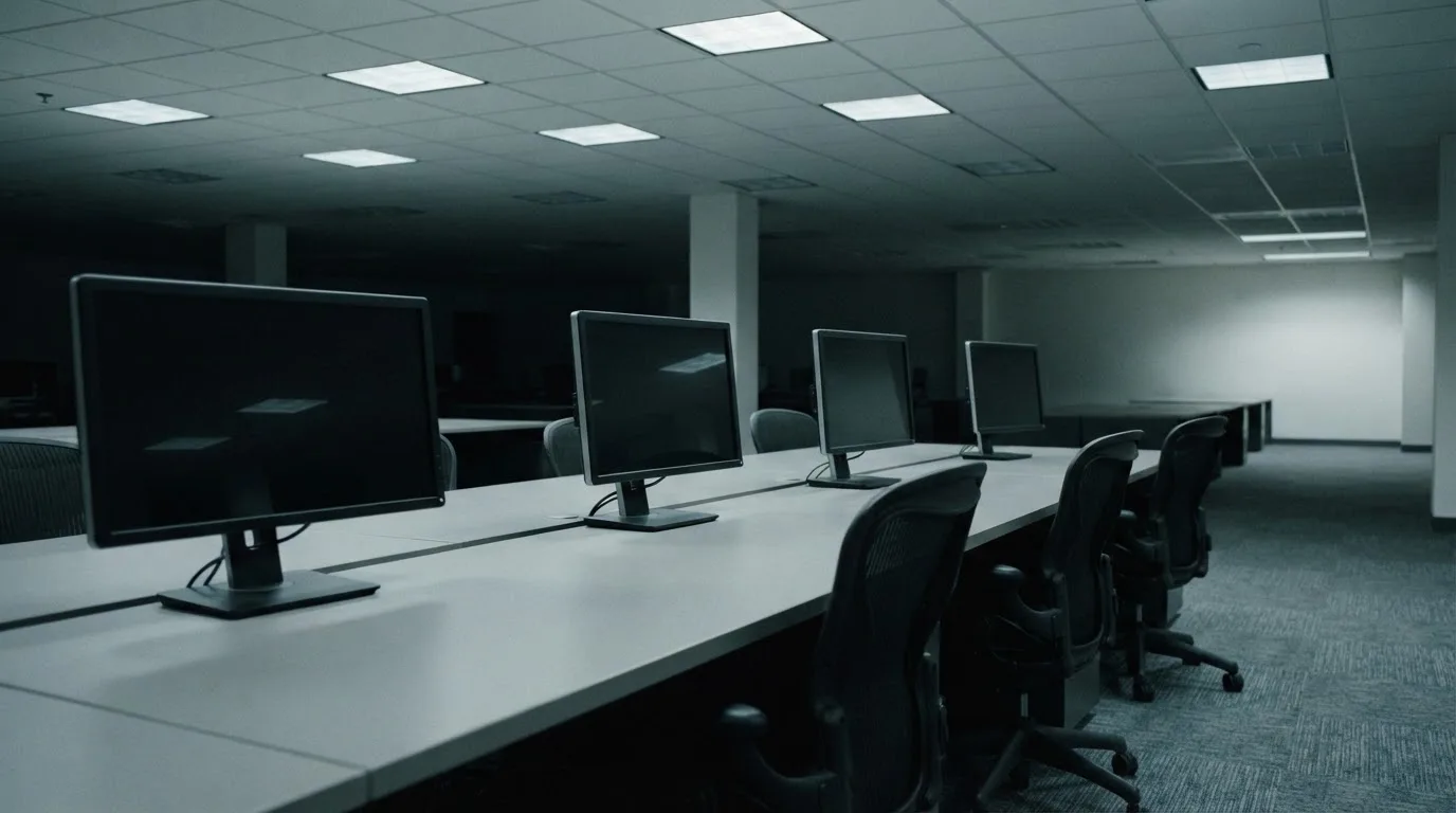Une rangée d'écrans d'ordinateur éteints dans un bureau vide.