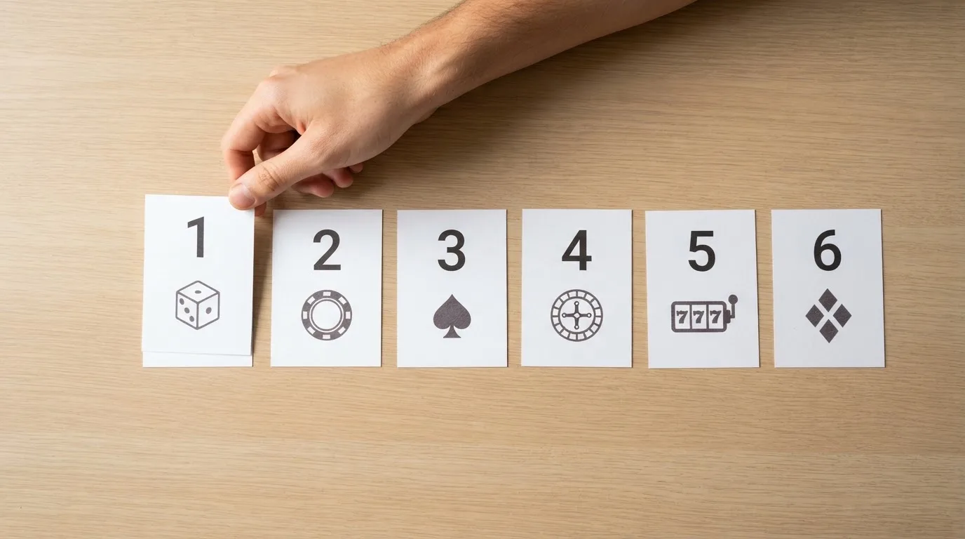 overhead flat-lay of a hand ranking printed casino logos on numbered cards on a desk