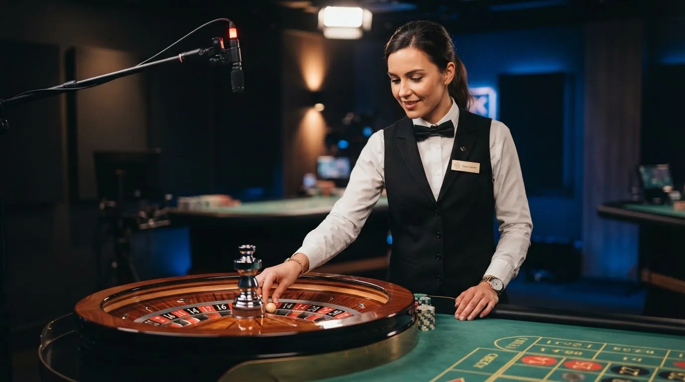 a live dealer standing at a roulette wheel under studio lighting, streaming camera visible above the table