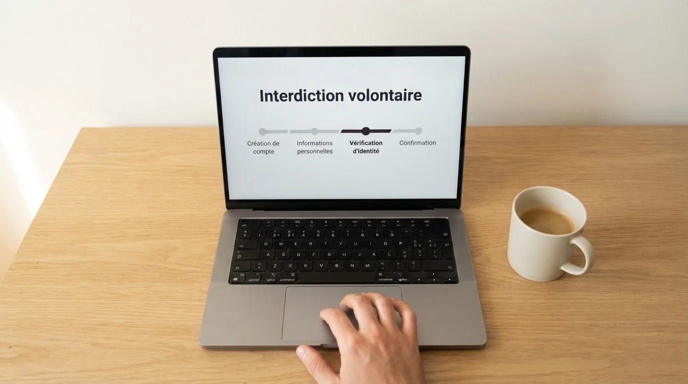 a laptop screen showing a government self-exclusion registration form with an identity-check step, no logos visible