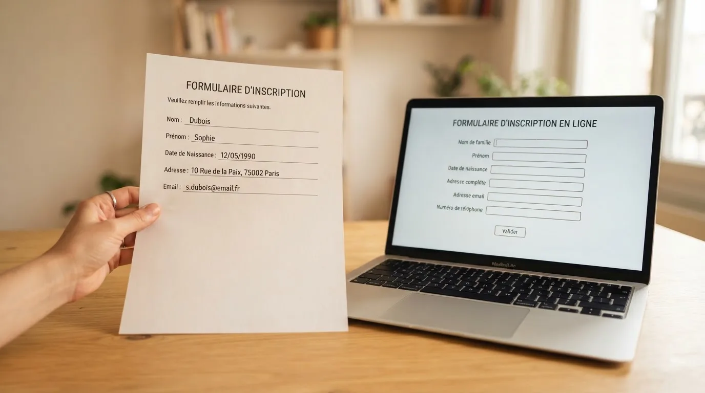 Close-up of a hand holding an identity document next to a laptop showing an online registration form