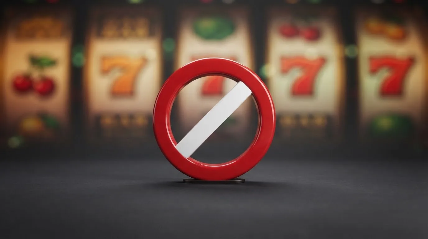 a red official-style stop/prohibition icon overlaid on a blurred casino slot-reel background
