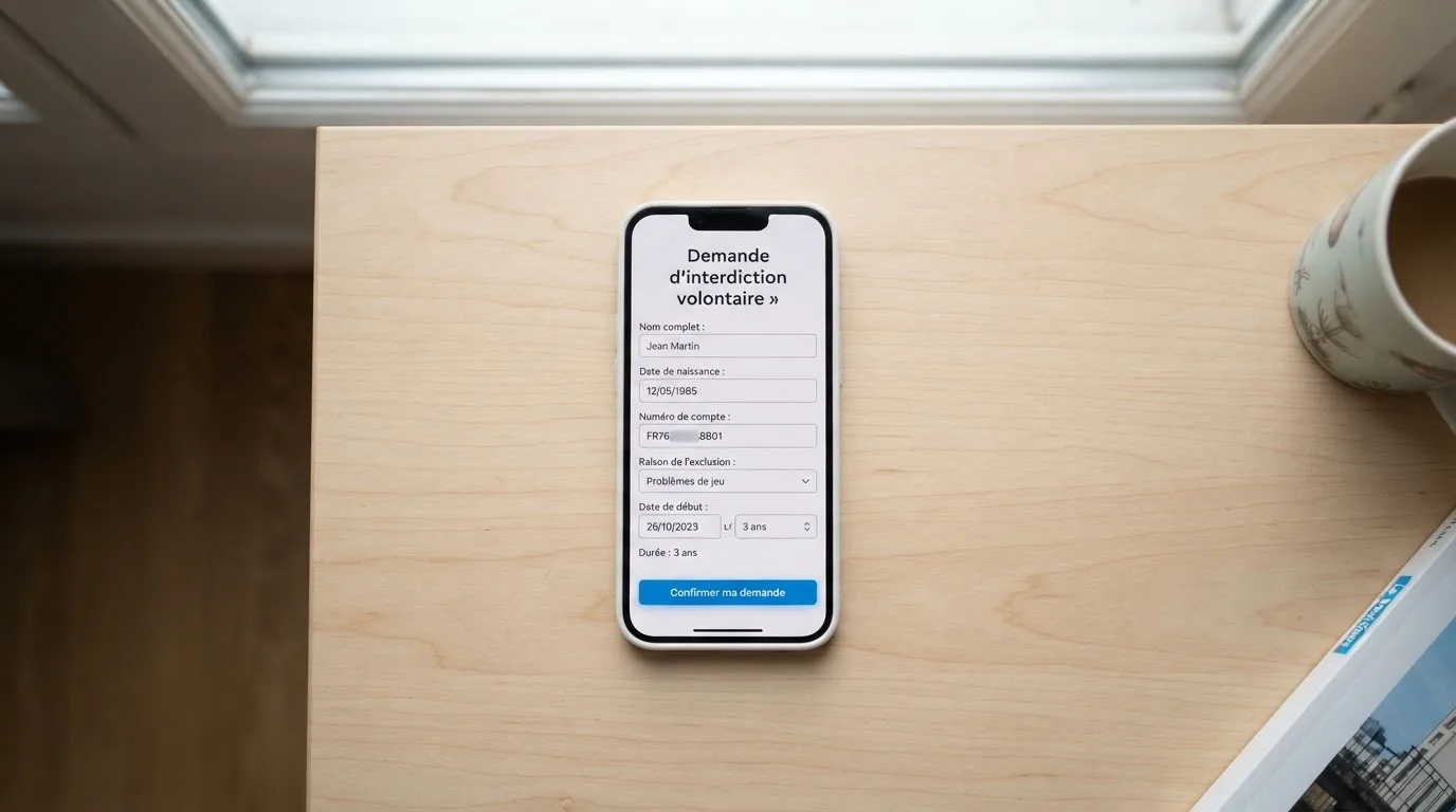 Formulaire de demande d'interdiction volontaire de jeux ouvert sur un smartphone