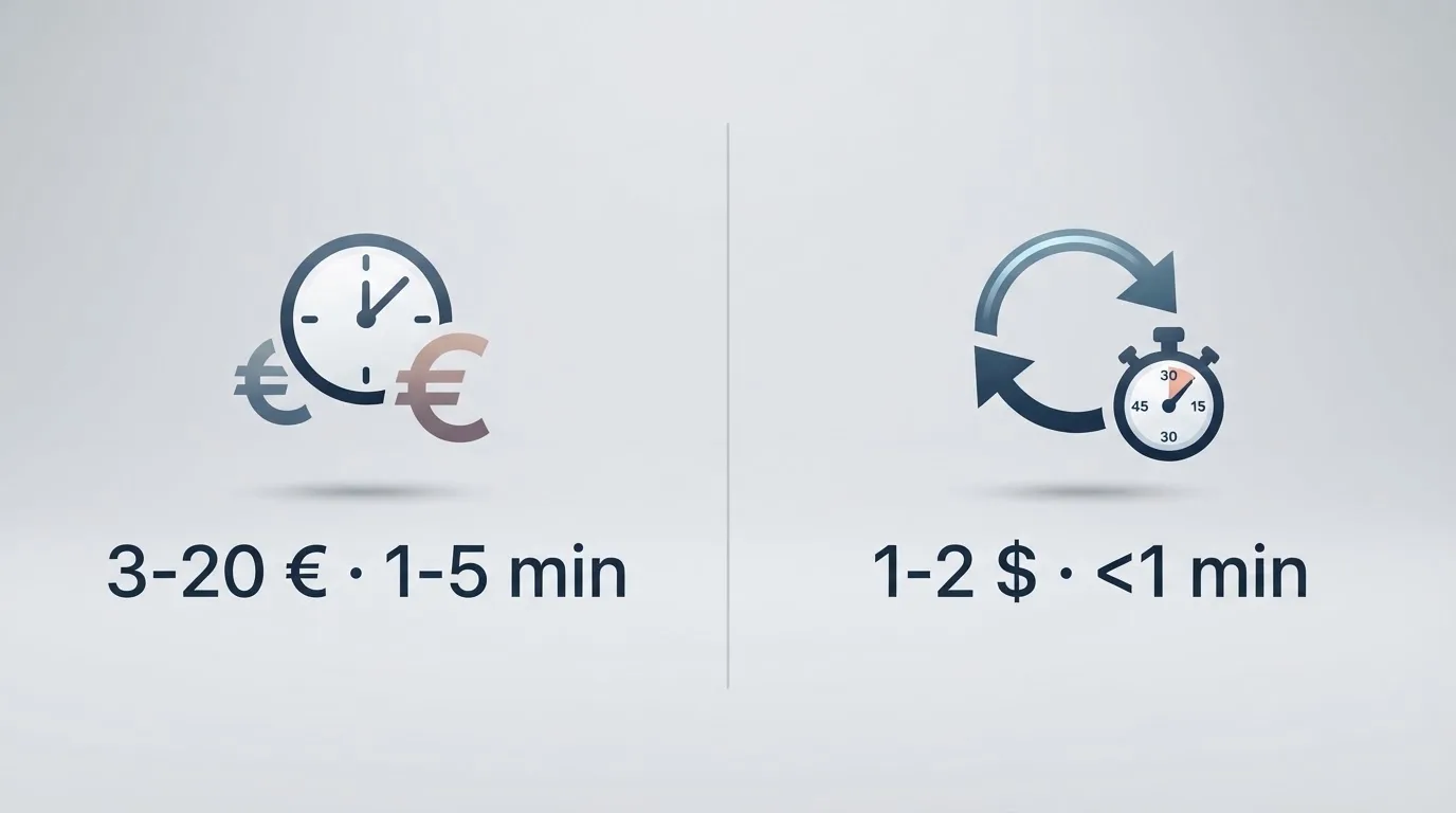 a split-screen graphic comparing a slow bank-transfer icon against a fast blockchain-transfer icon with a stopwatch