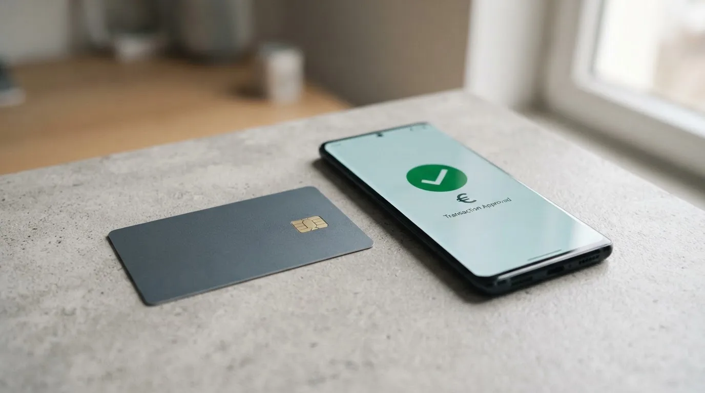Close-up of a bank card and a smartphone displaying a payment confirmation screen