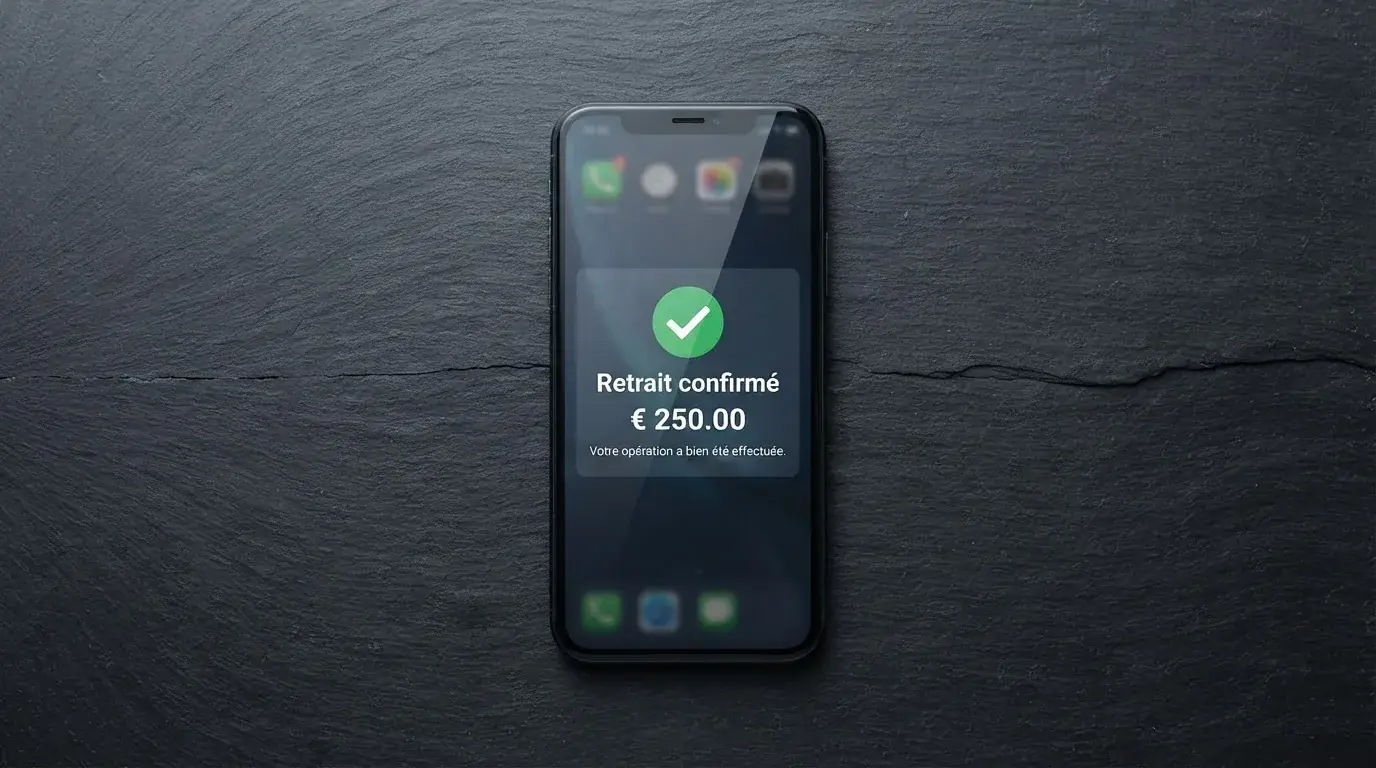 notification de confirmation de retrait affichée sur un téléphone mobile