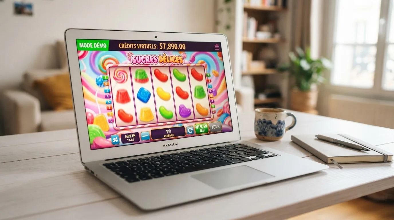 Interface de mode démo d'une machine à sous en ligne, avec un solde affiché en argent fictif