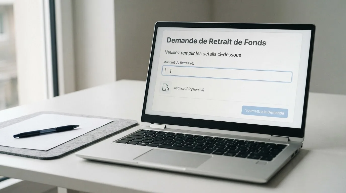 Formulaire de retrait en ligne affichant une demande de justificatif avant validation du paiement
